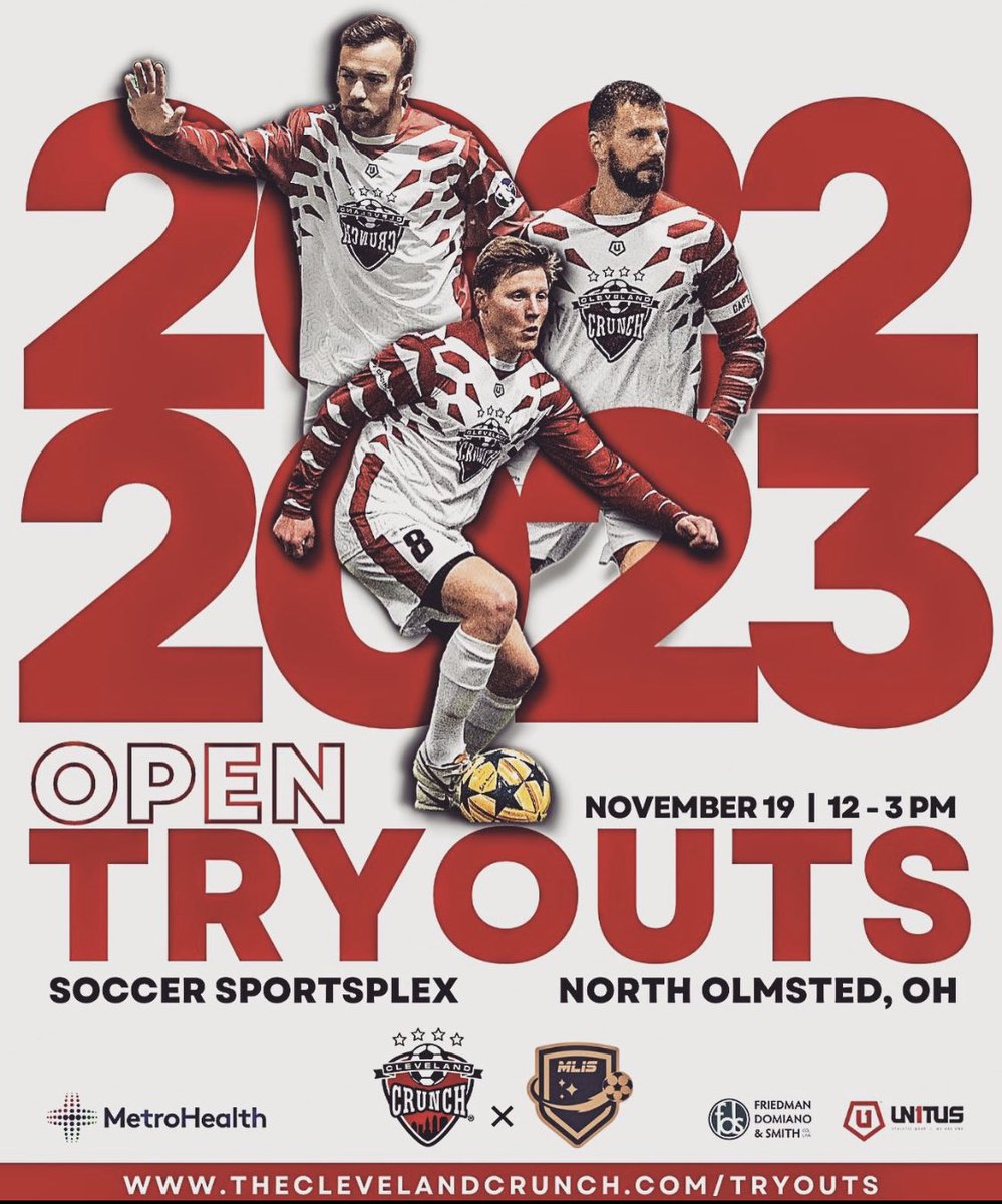 Open Tryouts for the Cleveland Crunch will take place on Sat, Nov. 19 from 12-3 PM at the Soccer Sportsplex in North Olmsted! 📢⚽️

Register at 📲
theclevelandcrunch.com/tryouts 

<a href="/MLISpro/">MLIS</a> @MLISNews <a href="/MLISredditfans/">MLIS ⚽ Major League Indoor Soccer Reddit Fans</a> <a href="/SSportsplex/">Soccer Sportsplex</a> <a href="/metrohealthCLE/">MetroHealth</a> @UN1TUS #cleveland #crunch #open #tryouts