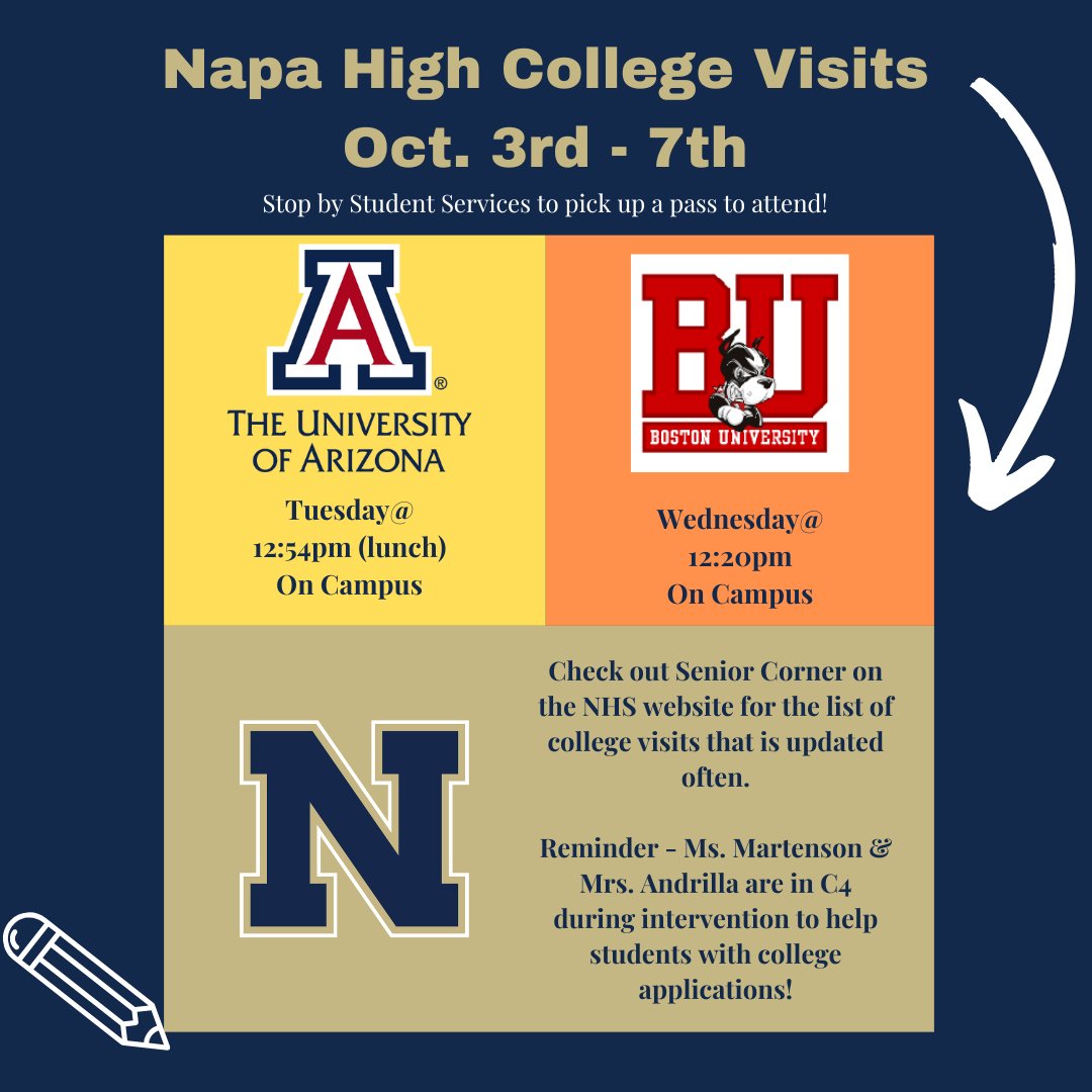 We have reps from Univ of Arizona & Boston University here this week! Arizona on Tuesday (tomorrow) & Boston on Wednesday. Stop by Student Services to pick up a pass!