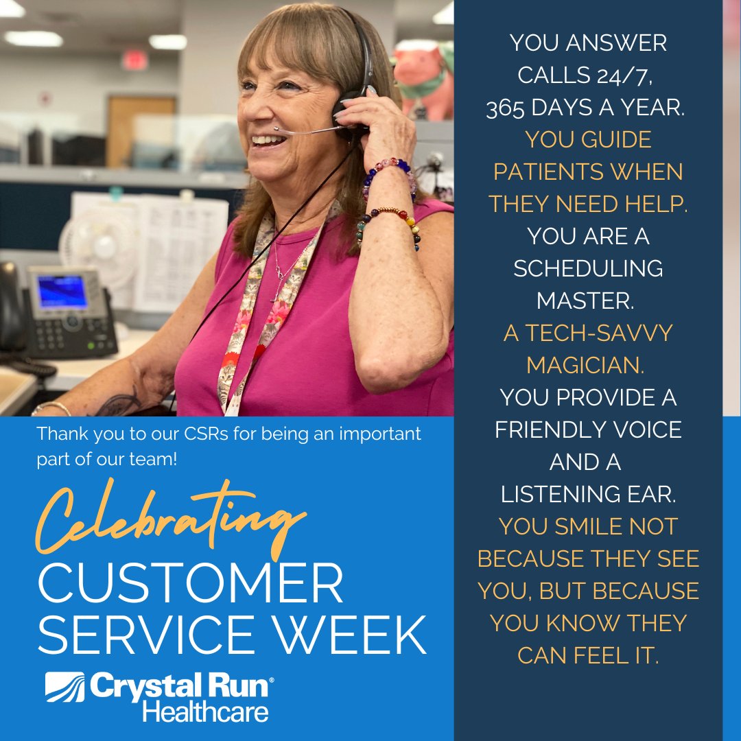 CrystalRun's tweet image. Thank you to all of our Customer Service Coworkers and the entire Communications team at Crystal Run who support our practice 24/7, answering calls through holidays, evenings, and weekends to ensure our patients’ needs are met. Thank you! #customersupportweek #wewantyouhealthy