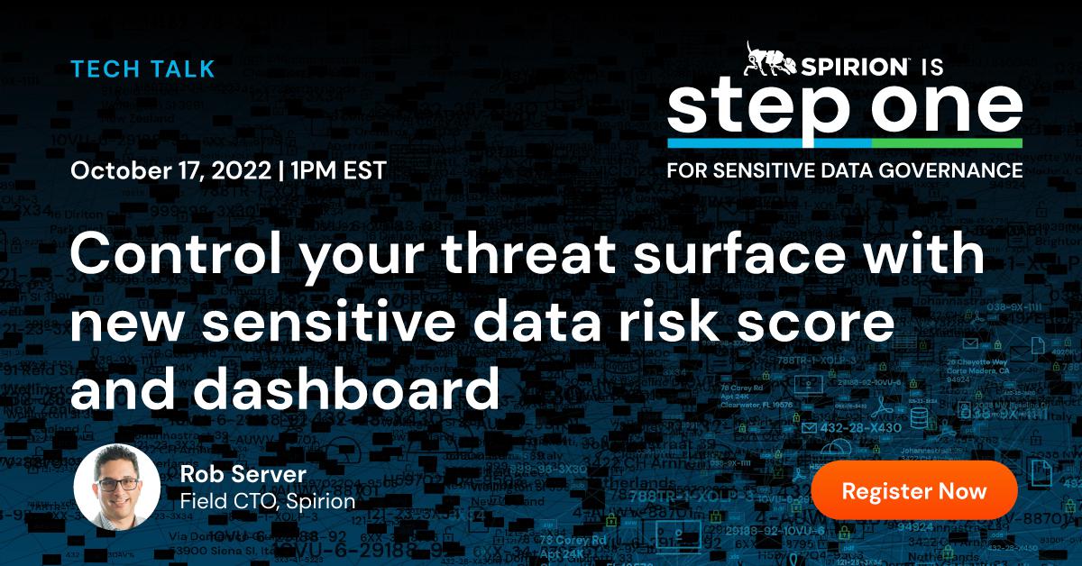 mgkacz's tweet photo. We're taking Spirion's exciting new SDV3 Sensitive Data Risk Dashboard for a spin on our upcoming Tech Talk, October 17 at 1 P.M. EST. Get a look into how it quantitatively scores risk based on granular measurements of your data. Register now:  https://t.co/lrpSC2o7xj https://t.co/oQ3qEMKdil