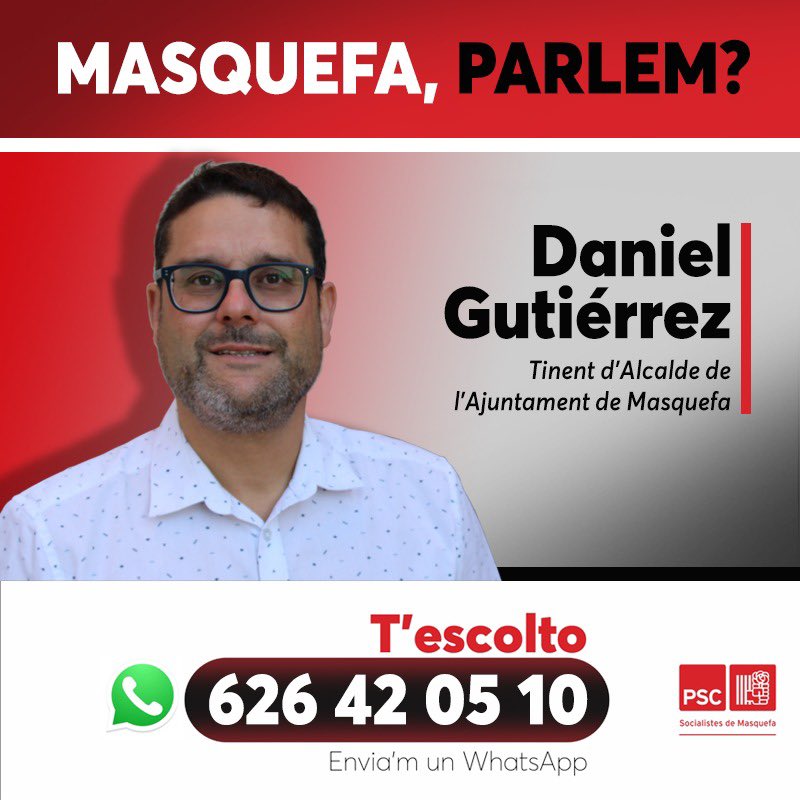 SumemXMasquefa's tweet photo. MASQUEFA, PARLEM? 📲

En @daniguties vol escoltar-te i saber que et preocupa i com ho podem millorar.

💬 Envia-li un WhatsApp al
626 42 05 10

#MasquefaParlem https://t.co/97bTZ1b5hj