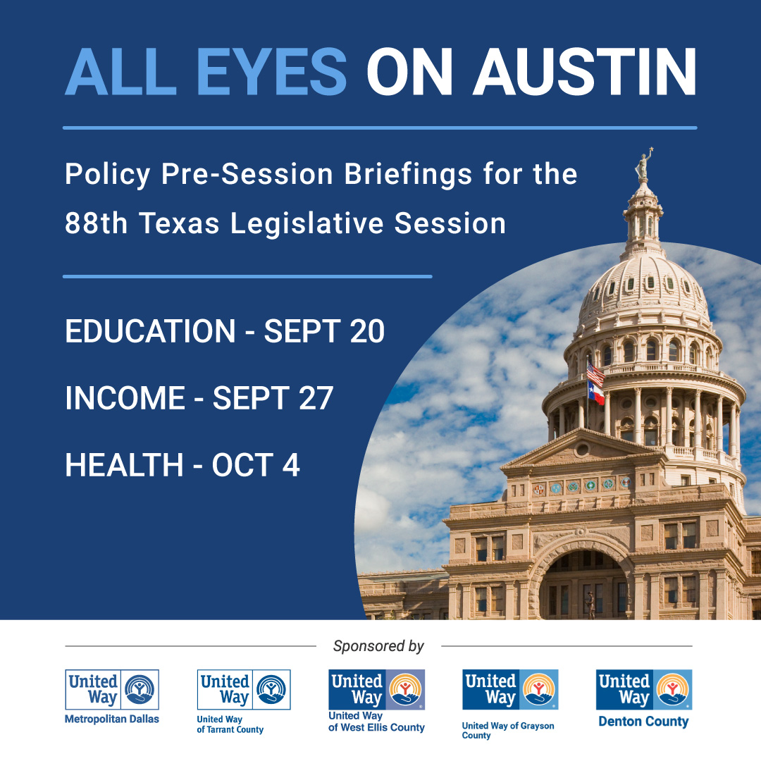 UnitedWayDallas's tweet photo. Our 3rd All Eyes on Austin virtual session exploring the most pressing policy issues related to health will be Tuesday, 10/4 at 10:30am. The panel includes experts from @DFWHCouncil, @MeadowsInst, @FeedingTexas &amp; @putkids1st. Learn more &amp; sign up: https://t.co/pZn7DLbFZK #txlege https://t.co/eq2SIMvuEK