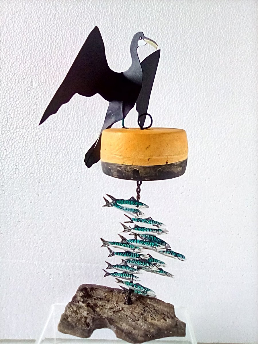 ColinMBaxter's tweet photo. A new shoal of #tinfish #mackerel with a #cormorant on a yellow bouy. A bit like my #watercolour of one in #Fowey Harbour . Both available in my #studio #Gallery @RCYard @BirdAwareSolent @rspb https://t.co/wZop1PVRmq