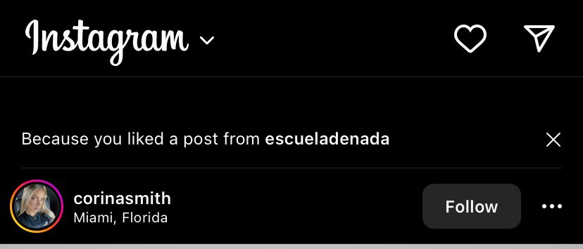 Según <a href="/instagram/">Instagram</a> a los que le gusta <a href="/escueladenada/">Escuela de Nada</a> les gusta <a href="/CorinaSmith_/">corina smith</a> 

Confirman?