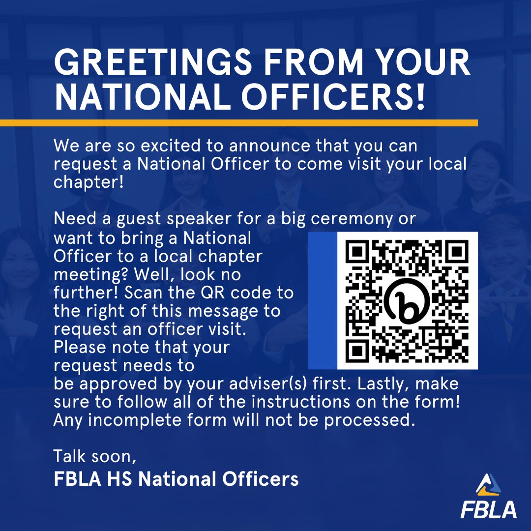 Invite your FBLA High School national officers to your next local chapter meeting by filling out the form at the link in our bio.

They can't wait to connect with you soon!