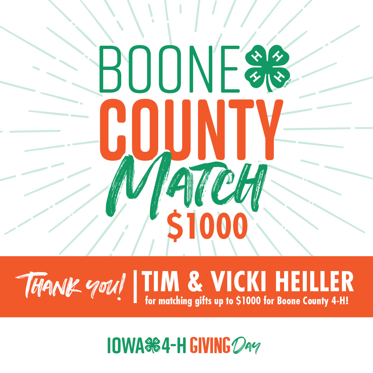 Tomorrow starts Iowa 4-H Giving Day.  Tim and Vicki Heiller will match any donations up to $1,000 to Boone County!! Thanks Tim and Vicki!!
iowa4hgivingday.org/organizations/…