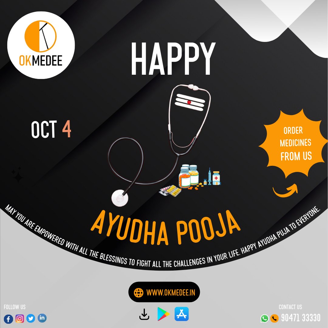 okmedee's tweet photo. Our heartiest good wishes to all members of your family on this auspicious day of Ayudha Pooja and have success in all future endeavors.
Happy #Ayudhapooja and #saraswatipooja !!!
#okmedee #onlinepharmacy #india https://t.co/nyenzmy1NQ