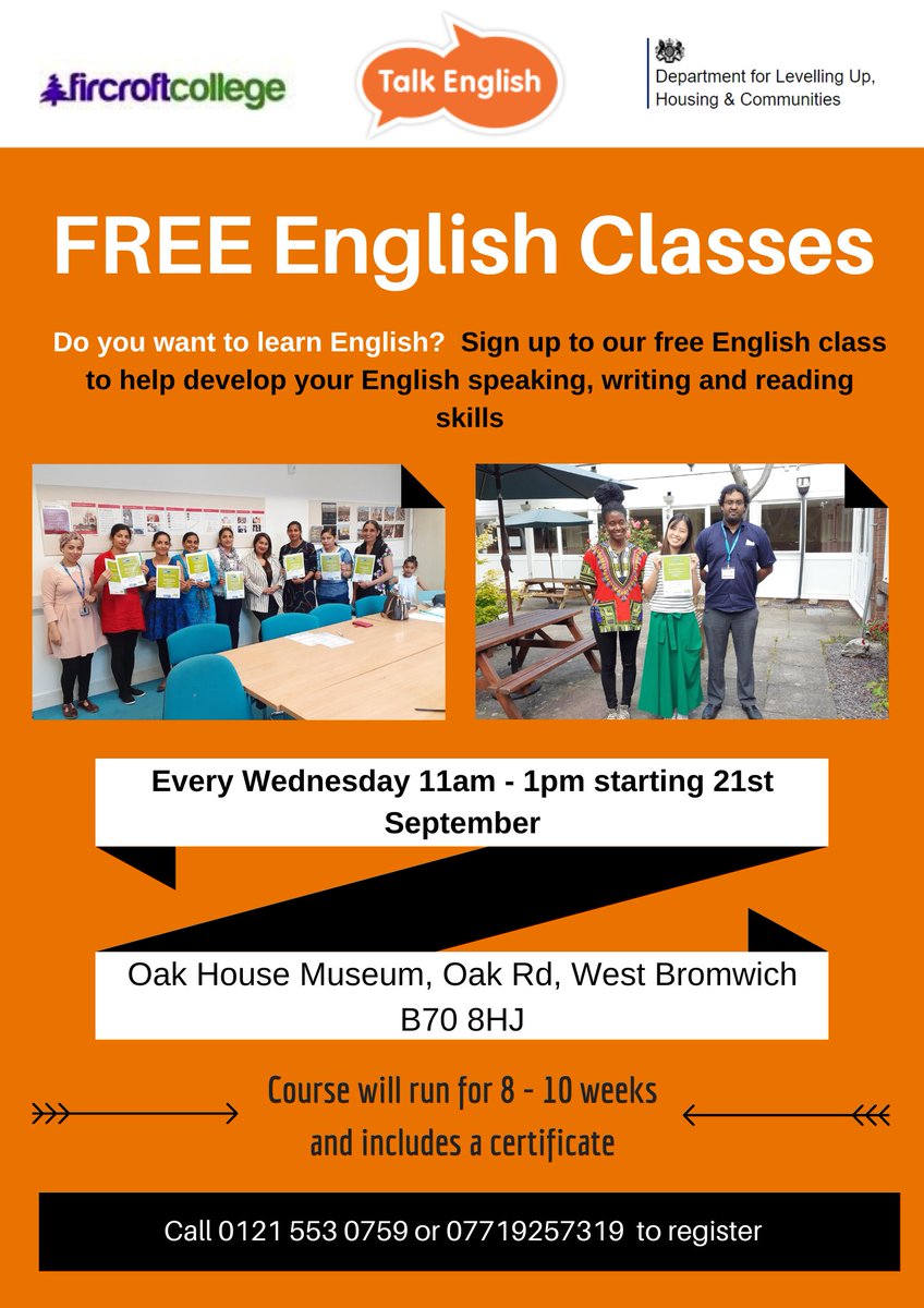 Free English Classes at Oak House Museum every Wednesday at 11am. #esol #westbromwich #sandwellcouncil #discoversandwell #oakhousemuseum