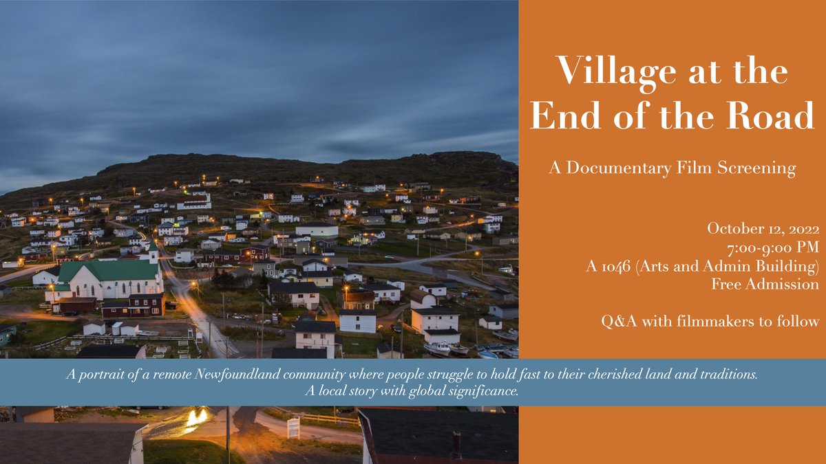 Join us for the premier screening of 'Village at the End of the Road,' the latest documentary from Dennis Lanson and OTM researcher George Gmelch, on October 12 at 7pm in A 1046 <a href="/MemorialU/">Memorial University</a>.

A story of work, mobility, and family in the rural community of Bay de Verde, NL.