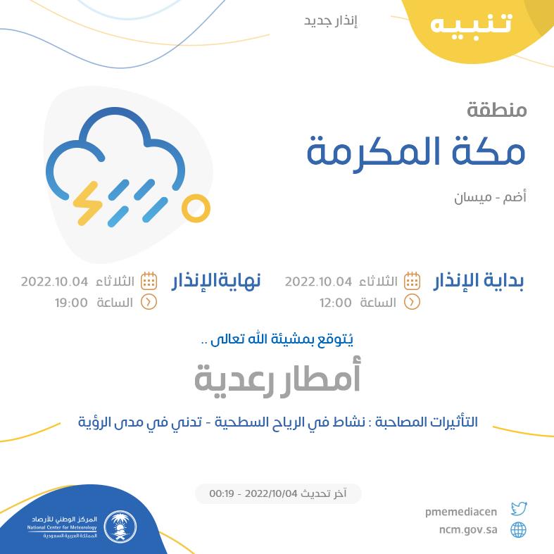 NCMKSA's tweet photo. تنبيه - #منطقة_مكة_المكرمة - #أضم #ميسان  

للتفاصيل  https://t.co/dQH1NQXox9 

#الإنذار_المبكر #طقس_السعودية
#المركز_الوطني_للأرصاد https://t.co/apct8hPoY0