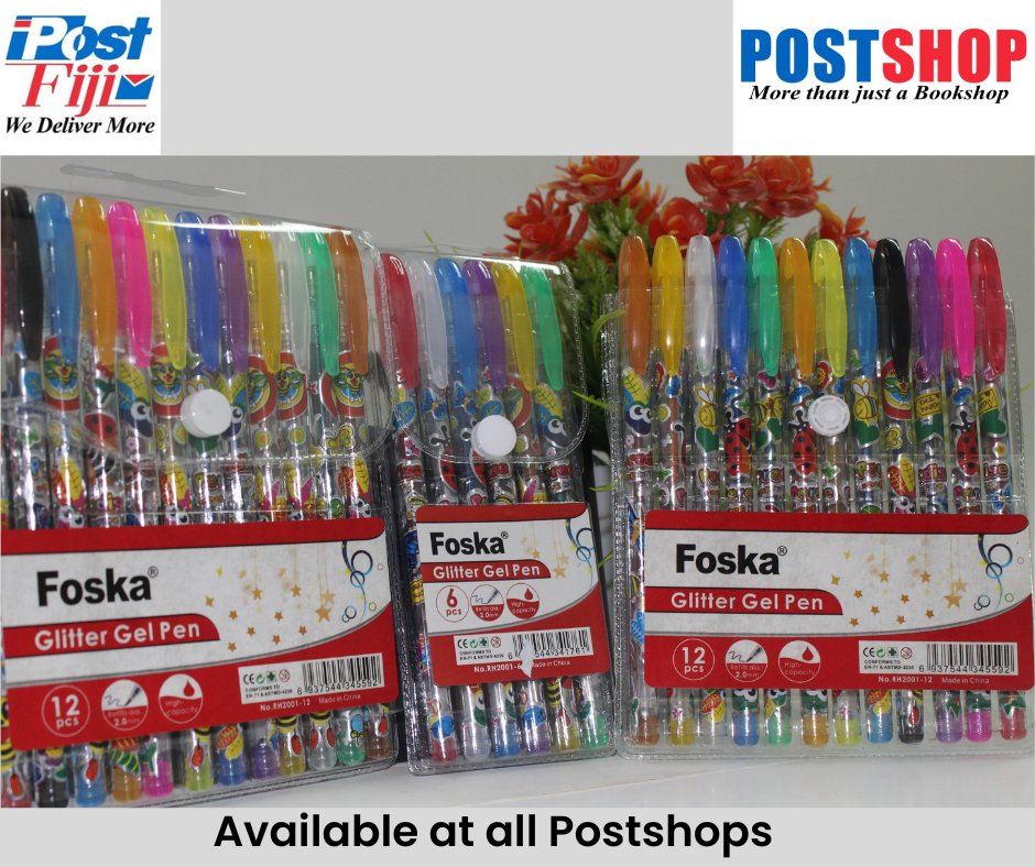 You can elevate your colourings and add flare to solid colours and beautiful designs with Foska Glitter Gel Pens, available at the Post Shops.
Cost- $1.22VIP - 6pcs. 
Cost -$2.44 VIP-12 pcs.
For further enquiry, ✉ care@postfiji.com.fj or 📞  132 123.<a href="/Post_Fiji/">Post Fiji Pte Limited</a>. We Deliver More.