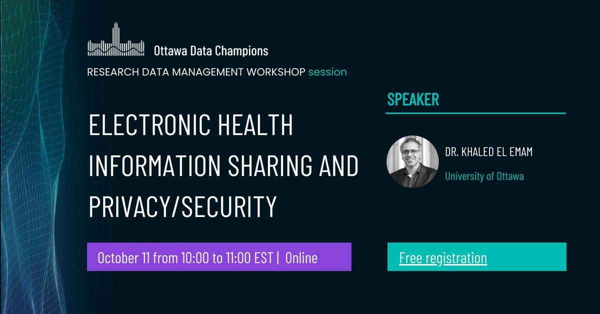 OHRI Journalology (@_journalology) on Twitter photo 📢Free webinar and Q&A!
<a href="/kelemam/">Khaled El Emam</a> will discuss best practices to manage risks in sharing health data to protect patients' privacy and providers' identity. Tuesday, October 11 at 10 am EST.
Share w/ your network and register here 👉 uottawa-ca.zoom.us/meeting/regist… 📢Free webinar and Q&A!
<a href="/kelemam/">Khaled El Emam</a> will discuss best practices to manage risks in sharing health data to protect patients' privacy and providers' identity. Tuesday, October 11 at 10 am EST.
Share w/ your network and register here 👉 uottawa-ca.zoom.us/meeting/regist…