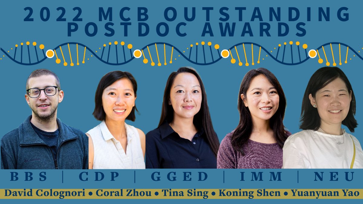 Congrats to our 2022 MCB Outstanding Postdoc Award Fellows! David Colognori, @CoralZhou, @tinalynnsing, @koning_shen & Yuanyuan Yao. 👏 🎉Learn more about their research ➡️bit.ly/3RvQ6Ur