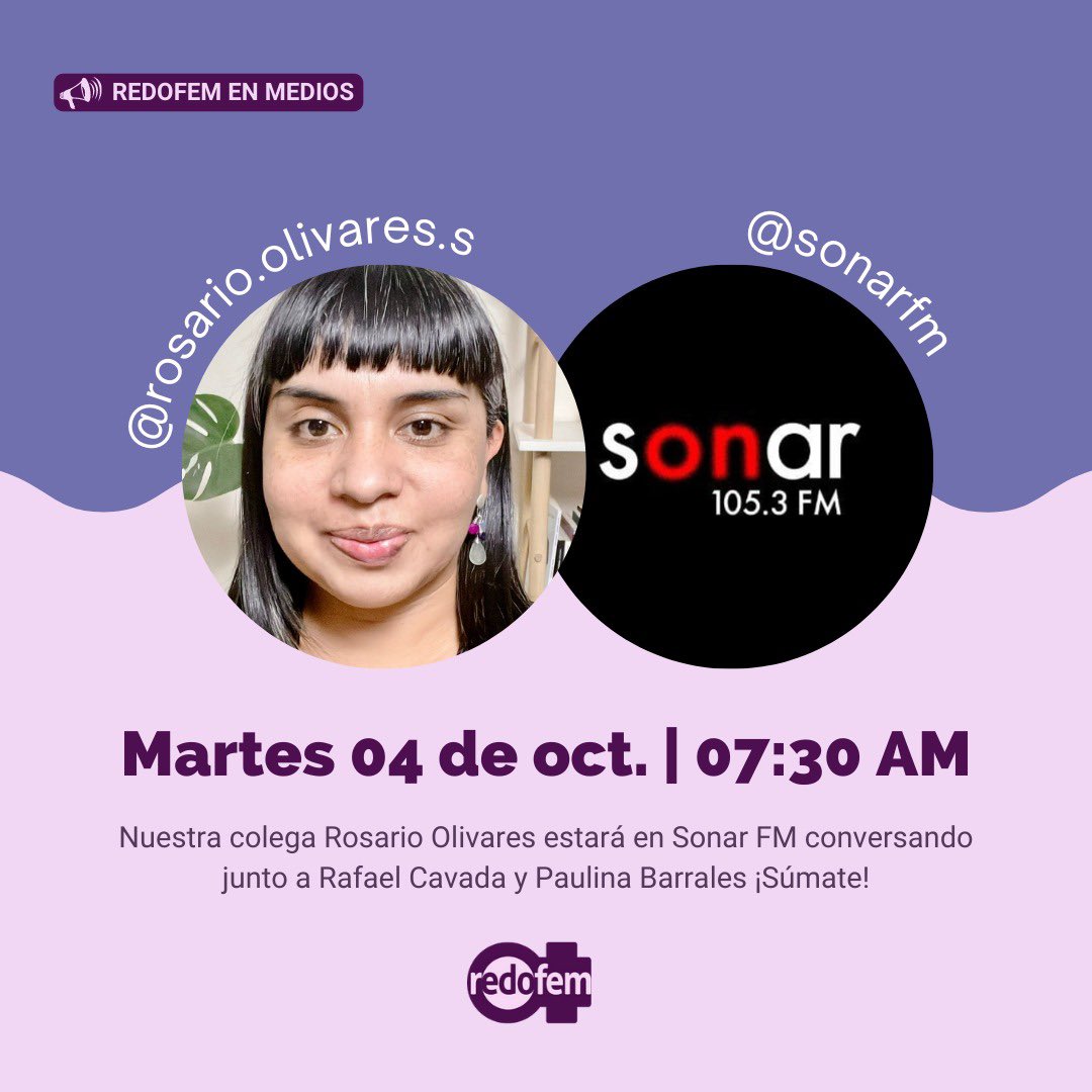 redofem's tweet photo. 🎙️👩🏽‍🏫 Nuestra colega @RosarioOlivares estará este martes a las 07:30 en @sonarfm conversando con @rafa_cavada y @paulibarrales 

¡Puedes escuchar esta entrevista camino a tu escuela! 🏫💜 https://t.co/T56cgThyHb