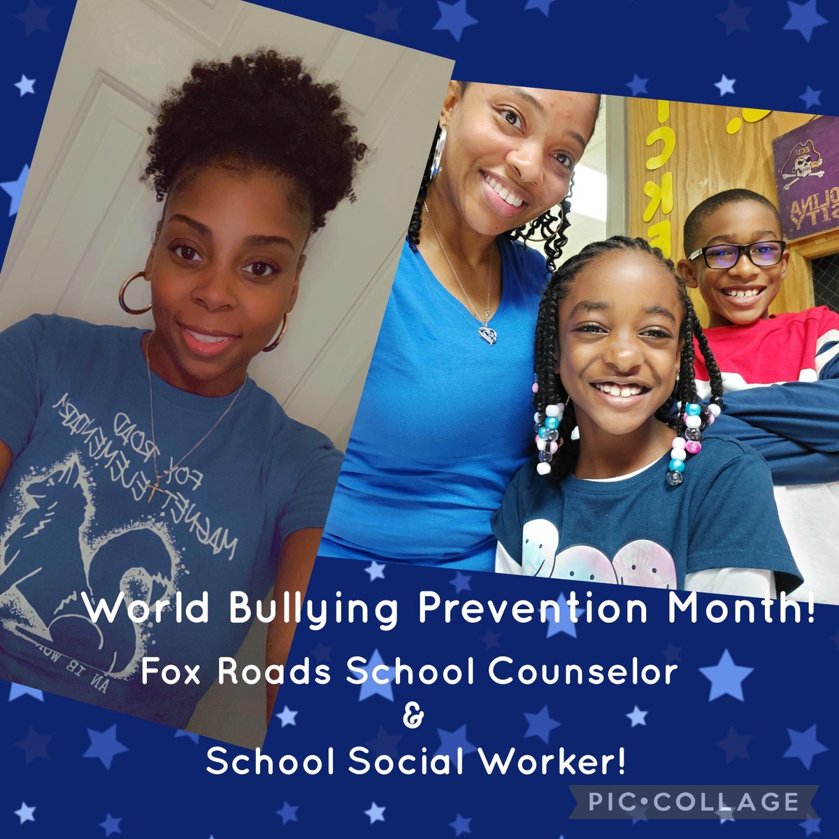 Fox Roads School Counselor and School Social Worker supporting World Bullying Prevention Month! #BeKind #BlueUp #BlueShirtDay @WakeSchCounslor @FoxRoadES