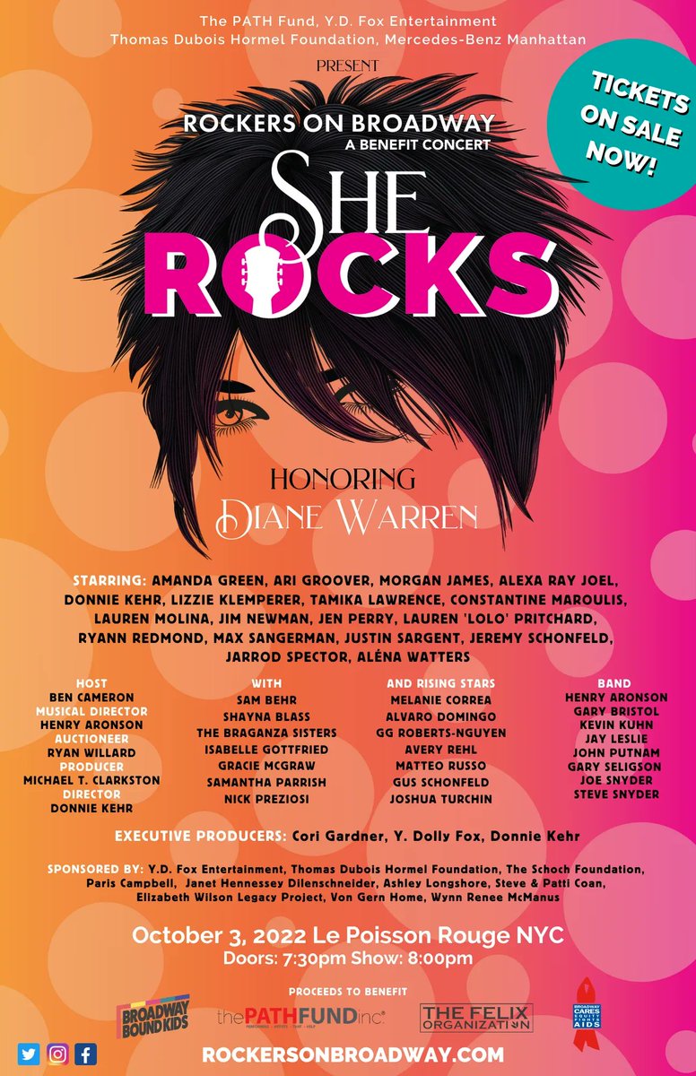 PATHandRockers's tweet photo. TODAY IS SHE ROCKS!! We present the 29th annual 
Rockers On Broadway:  SHE ROCKS!
Some of the best Rock ‘n’ Roll, of all time, 
has been written and produced by WOMEN! Tonight we honor Diane Warren: one of modern music’s most celebrated songwriters! 
https://t.co/NQsbK5yLfI https://t.co/I6Dj4SaPHs