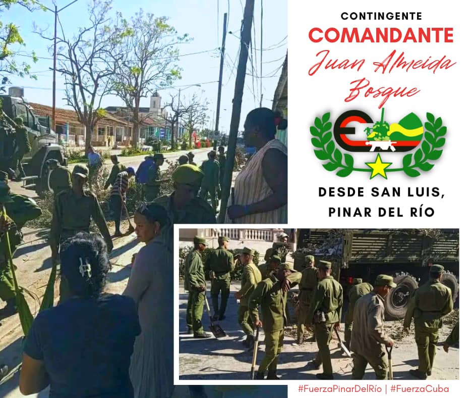 Combatientes de las Fuerzas Armadas Revolucionarias y del Ministerio del Interior desplegados en las provincias afectadas por #HuracánIan, ayudando en la limpieza y recogida de escombros. 

#MejorSinBloqueo #Cuba #FuerzaCuba #FuerzaPinar #CubaPorLaVida #CubaPorLaPaz #TodosJuntos