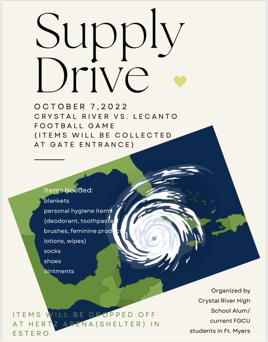 Want to help our south Florida neighbors after Hurricane Ian? Bring items to the CRHS vs LHS football game Friday night!