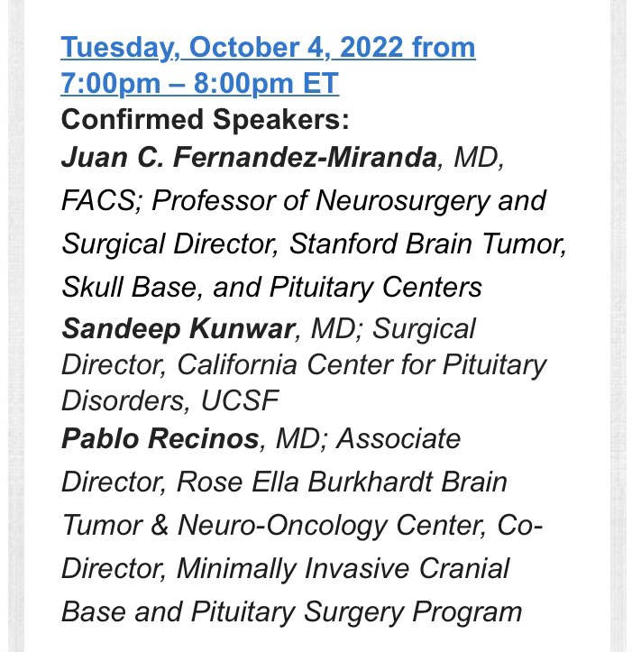BorgheiRazaviMD's tweet photo. TOMORROW, 10/4, tune in at 7p EDT for Part II of our exciting new #SkullBase #Pituitary Virtual Workshop: "Building an Interdisciplinary Skull Base and Pituitary Practice in a Competitive Environment." Outstanding speakers.

https://t.co/2nhFwTNcYN https://t.co/QtiFeoL6ju