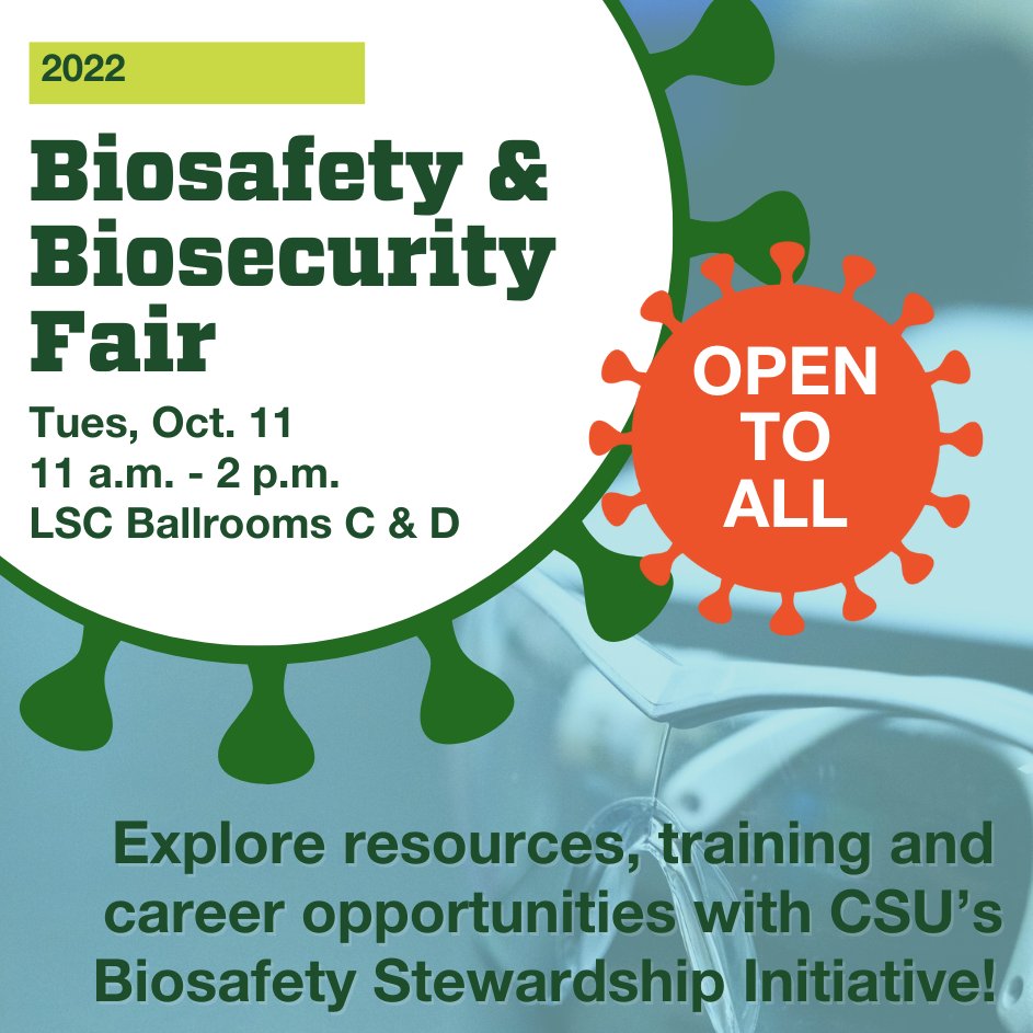 RamSafeResearch's tweet photo. October is #Biosafety month! Join your fellow Rams at the #CSU Biosafety & Biosecurity Fair on Tuesday, October 11th 11am-2pm in the @CSULSC. โฃ๏ธ@ABSAOffice #ProudToBe #RAMsafe https://t.co/X7pPnNPCbe