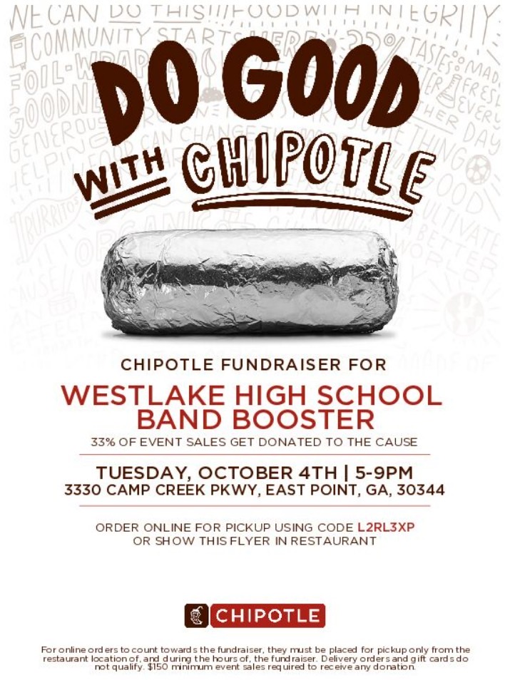 Let’s guac and roll! Our Chipotle Spirit Night fundraiser is tomorrow 10/4, 5-9pm! Meet us at Chipotle - Camp Creek Mktplace &amp; support your Lions!

Show this flyer 2 cashier, or order online with code L2RL3XP from 5-9pm.

Spread the word! #WeMarchAsOne #OneWestlake <a href="/OneWestlake/">Westlake Lions</a>