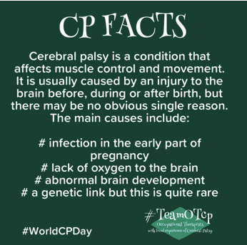 This #WorldCPDay #TeamCPOT to take over. #BeAnAbleOTAlly Absorb, Learn &amp; Reflect. 
CP is a condition that affects muscle control and movement. It is usually caused by an injury to the brain before, during or after birth, but there may be no obvious single reason.