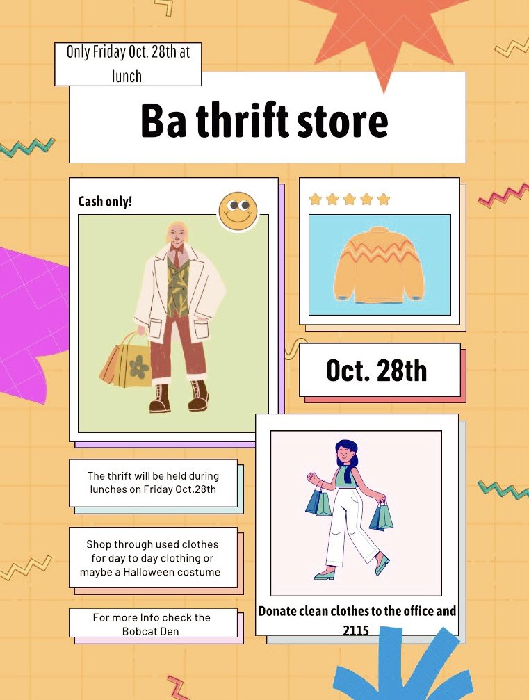 ba_interactct's tweet photo. Bacon Academy interact is holding a THRIFT STORE during lunches on Friday October 28th only!! Donations have begun and bins can be found in the library as well as Mr.Mals room (2115). All clothes that aren’t sold will be donated to help those in need. https://t.co/i4IQqWUqnE