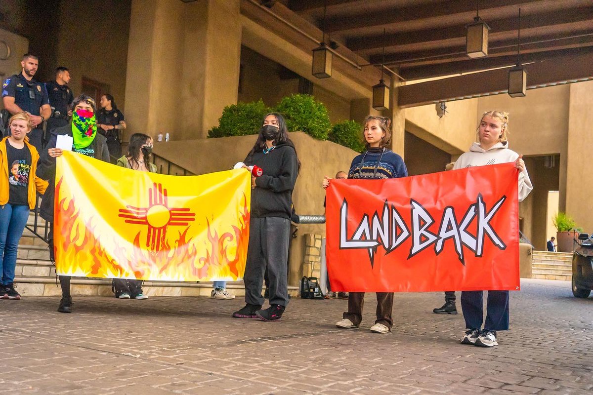 YUCCA youth barricade the entrance of El Dorado Hotel where the New Mexico Oil and Gas Association was holding their annual meeting on Monday October 3rd. The New Mexico Oil and Gas Industry is torching our state. #landback #newmexico #SantaFe
