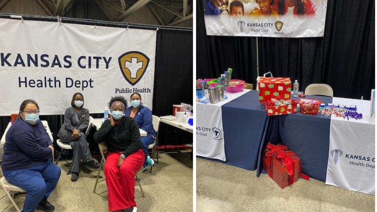 KCMOHealthDept's tweet photo. Our nursing team gathered around for a picture at our @HolidayMartKC booth! We enjoyed all the people we met this weekend! Get vaccinated so you'll be protected for the #holidayseason. #VaccinesWork https://t.co/PMKZ7zlhxb