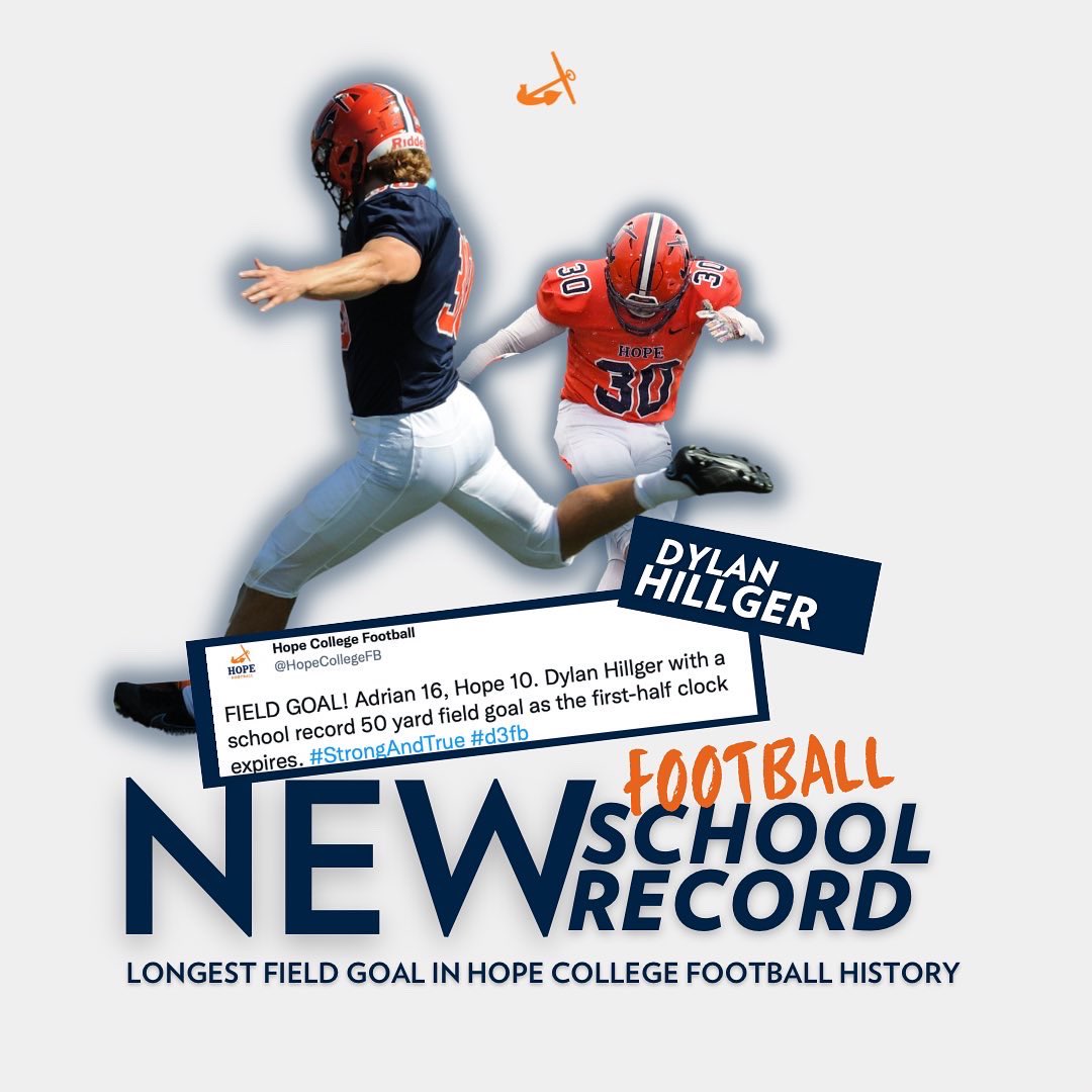 HopeAthletics's tweet photo. New school record, meet Dylan Hillger. 

Hillger set a new Hope College Football school record with a 50 yard field goal against Adrian 🏈 https://t.co/E4zzRKwujV