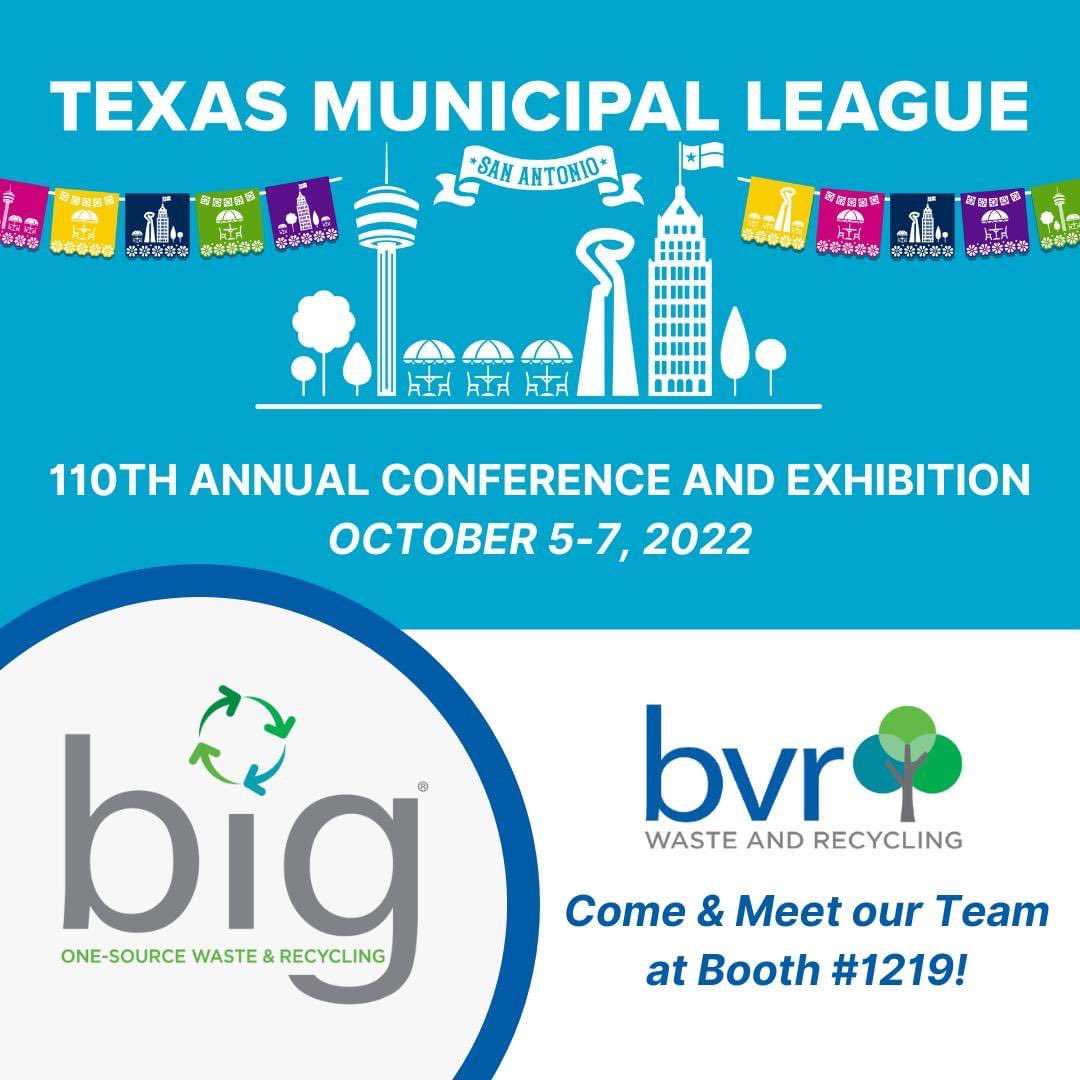 bigcompanytexas's tweet image. Our #BVRWasteandRecycling team is excited to see everyone at the @TML_Texas 110th Annual Conference and Exhibition this week in #SanAntonioTx! Come and see us at Booth #1219 from 10/5 to 10/7!

💻📱tmlconference.org

#tmlac2022 #BrannonIndustrialGroup #recycle #wasteremoval