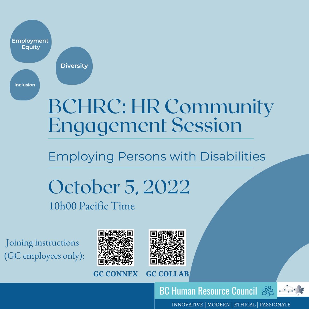jc5008's tweet photo. October 5 the BCHRC is hosting an HR community engagement virtual event: Employing Persons with Disabilities. Meet representatives from the Neil Squire Society & CNIB sharing adaptive tech & advocacy of PWD. #GCManagers, #GCHR #GCShadowshops #GCHRrelatedfields #PWD #EDI https://t.co/axDSTvv19X