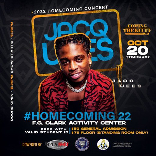🗣The moment you’ve all been waiting for…The Coming 2 The Bluff filming crew and Max 94.1 presents the OFFICIAL Homecoming Concert Lineup of 2022!🔥

Join the City Girls, Fredo Bang, Jacques, and Nardo Wick, October 20, 2022 at the F.G Clark Activity Center.🤪