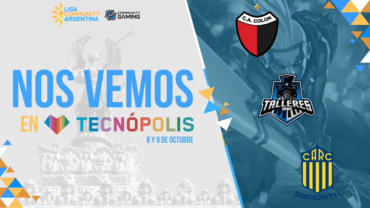 LigaARGesports's tweet photo. 🤟¡Nos vemos en @TecnopolisArg!

Estos son los equipos que disputaran un lugar en la Gran Final en @ArGameShow✊

Lo mejor de lo mejor de Santa Fe, Córdoba y Rosario vienen a demostrar un espectáculo de primer nivel...

@ColonEsports, @TalleresEsports y @CARCeSports
👊¡A Jugar! https://t.co/gE3gE3f91P