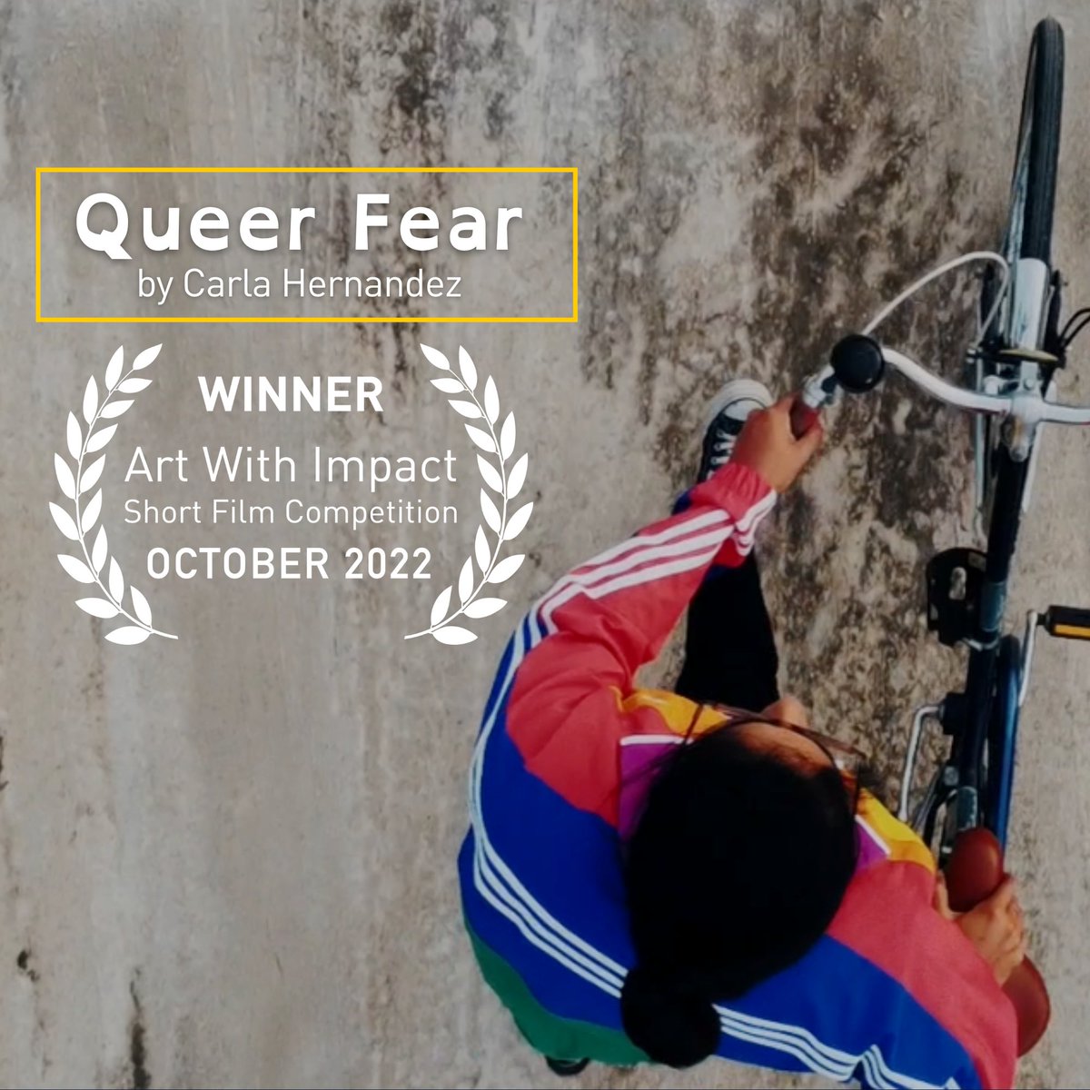 Congrats to October 2022 Short Film Competition Winner: Carla Hernandez, the filmmaker behind “Queer Fear" • Watch 🎦  artwithimpact.org/film/queerfear • Register for our Film Winner Premiere + Q&amp;A happening Oct 6 at 12pm PST: bit.ly/queerfear-ss