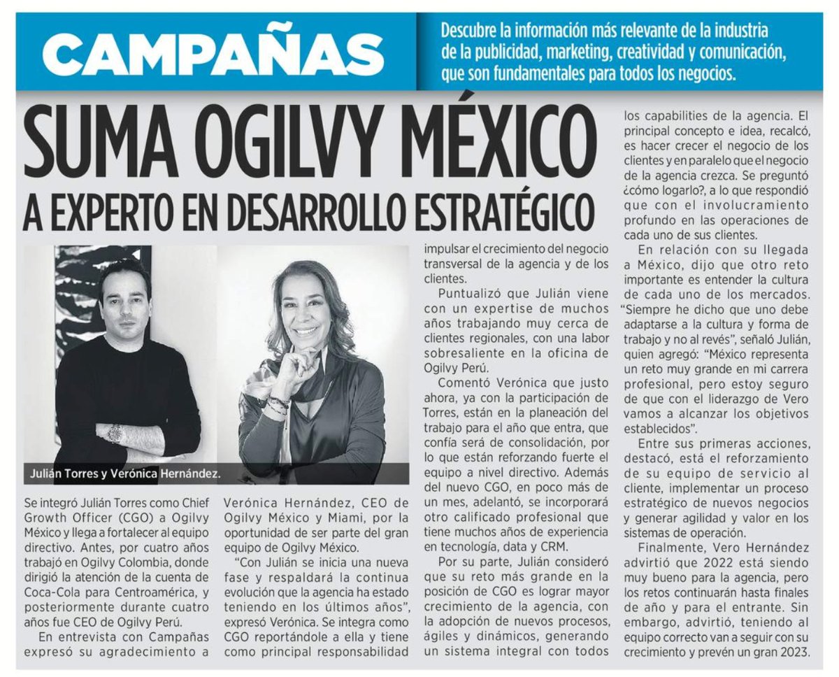 Le damos la bienvenida a Julián Torres, nuestro nuevo Chief Growth Officer. 
“Con Julián se inicia una nueva fase y respaldará la continua evolución que la agencia ha estado teniendo en los últimos años” Veronica Hernandez 
Lee la nota completa del <a href="/Reforma/">REFORMA</a> 
#TeamOgilvy