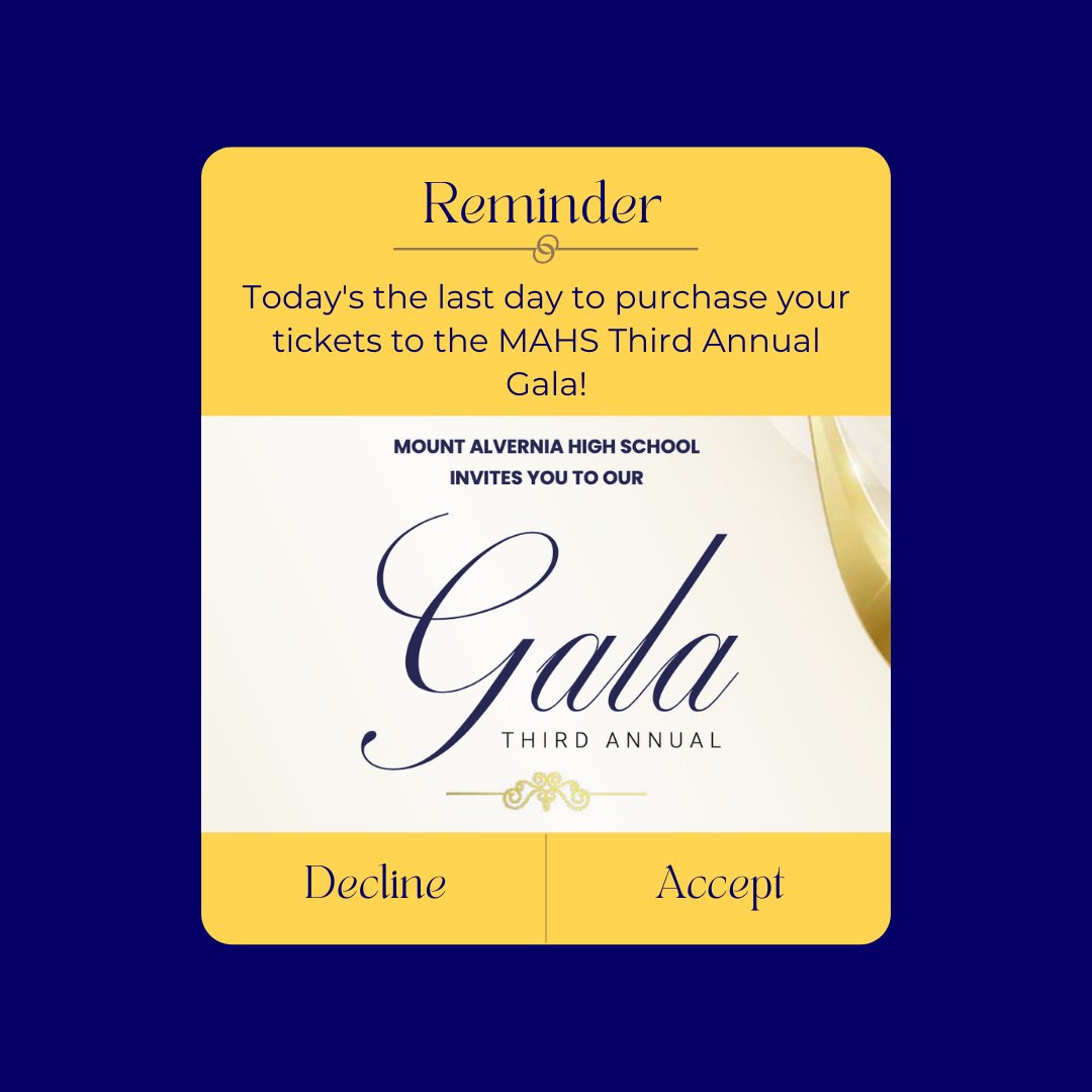 mountalverniahs's tweet photo. Today is the last day to RSVP to our third annual Gala! Join us on Saturday, October 22nd as we celebrate the MAHS community and honor both Sister Michele Craig, mfic and Mrs. Julie Sullivan Gosselin ‘83. 

Purchase your tickets for this event online here: https://t.co/i9T0qZSg3M https://t.co/rDnsQ5nk5Q