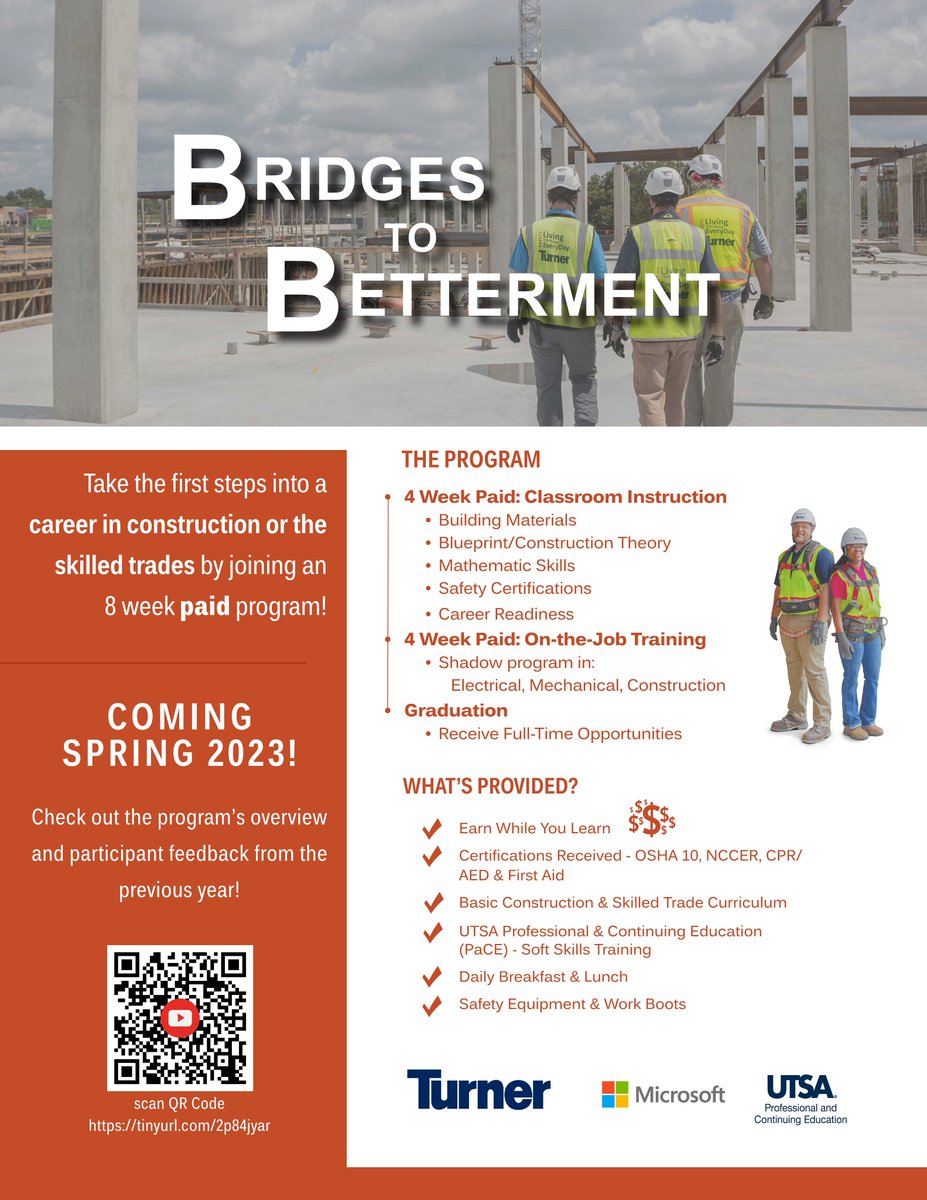 We are pleased to announce that Bridges to Betterment will be back in the Spring of 2023. The initiative was a success earlier this year, and we believe it will continue to help people in our community!

#bridgestobetterment #turnersouthtx #turnerconstruction #buildingthefuture