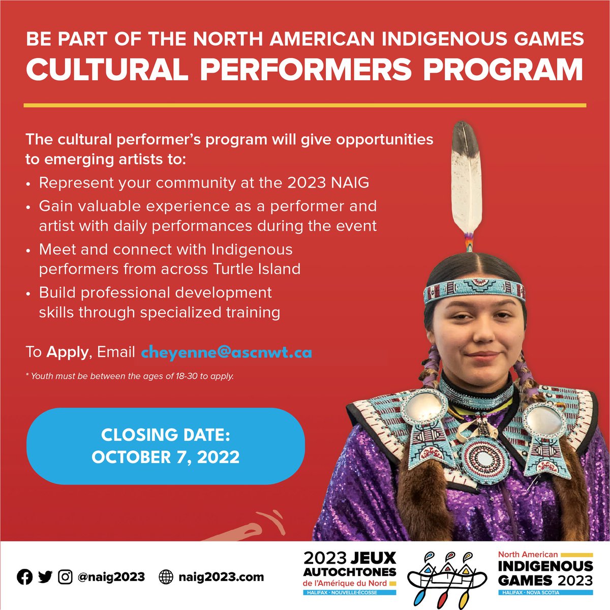 ASCNWT's tweet image. We are seeking to identify potential youth cultural performers to represent the Northwest Territories at the 2023 North American Indigenous Summer Games in Halifax, NS.

To apply, or if you have questions, please email: cheyenne@ascnwt.ca