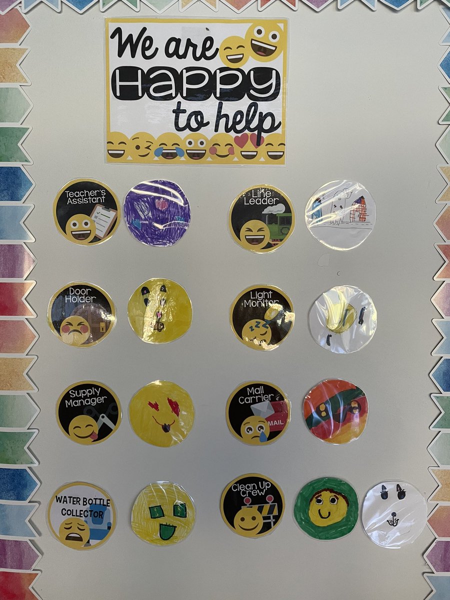 mrsbowesteaches's tweet photo. October is here and so are student jobs. Those cute emojis we made last week are up and displayed on our classroom job board. #timetowork #buildingresponsibility #classjobs https://t.co/J8kitRbUNW