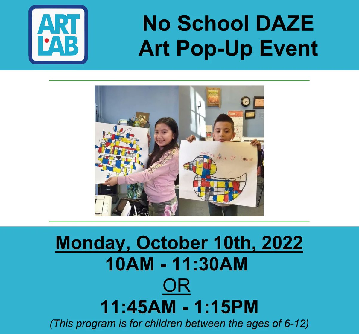 Our free pop-up art program, No School Daze, is back on October 10th. Sign-up your child for No School Daze, where they'll get to enjoy their time making art with other young artists. Sign-up quick! These seats go fast! 

artlabsi.com/product-tag/no… 

**One session per child**