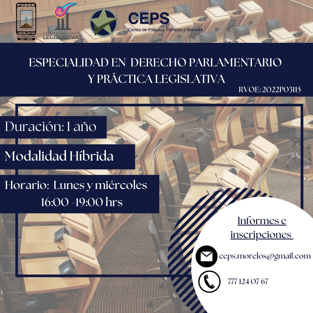 MorelosCongreso's tweet photo. El #CongresoMorelos a través del @IILMorelos y el Centro de Estudios Políticos y Sociales invitan a inscribirse en la Maestría en Derecho Constitucional y Parlamentario, así como a la especialidad en Derecho Parlamentario y Práctica Legislativa. 

⏰ ¡Aún estás a tiempo! https://t.co/7ZUy9UP3Ic
