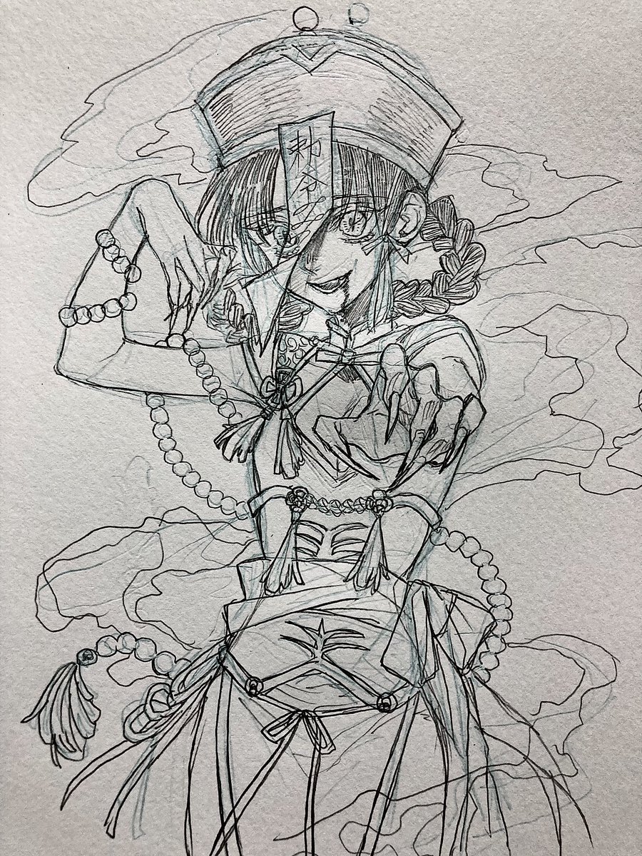 ハロウィン絵をぼちぼち描き始めました デジタルでも最初のラフはアナログで描く人です( ˘ω˘ )  #wip #wipart #途中イラ #ラフ #ハロウィン絵 #キョンシー