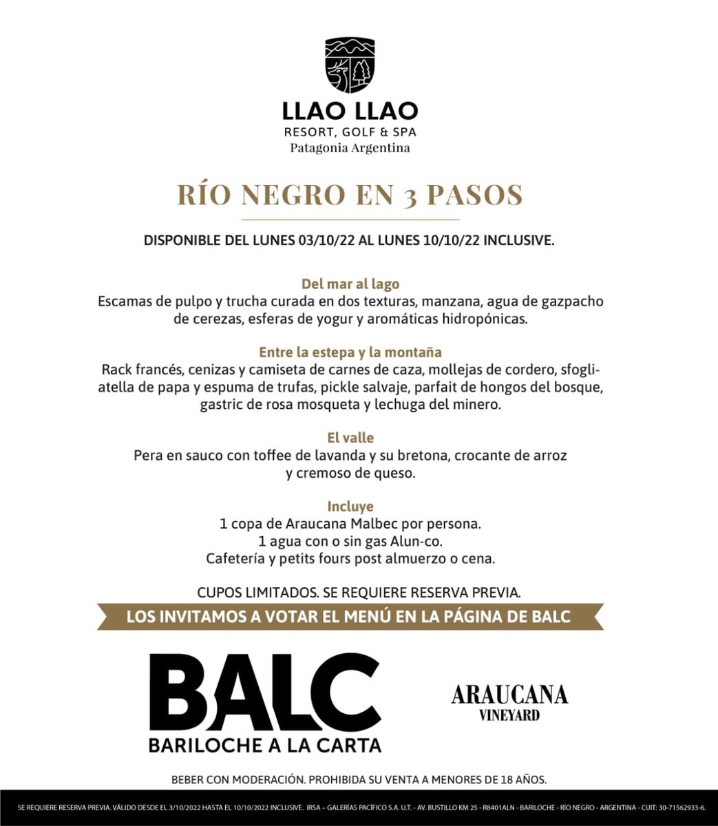 Del 3 al 10 de Octubre nos sumamos a la nueva edición de Bariloche A La Carta, la mejor manera de recorrer la Ruta Gastronómica Patagónica!

#BALC #BarilocheALaCarta #foodies #foodiesweek