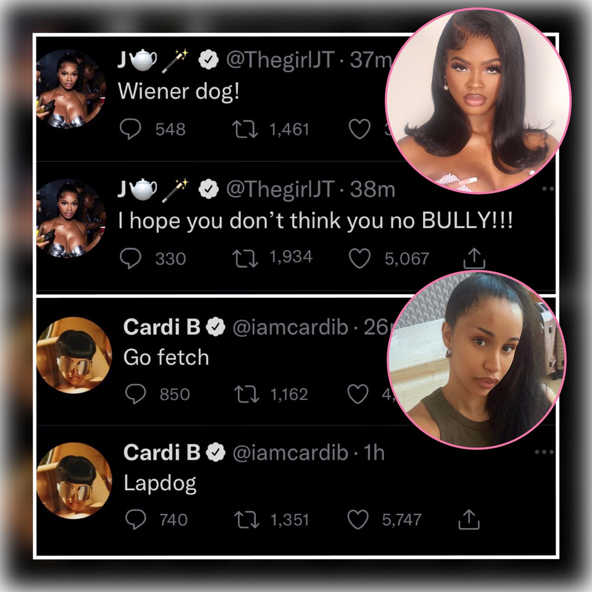 GossipBoard_'s tweet photo. Cardi B and Jt go back and forth on twitter. Allegedly this started after JT congratulated only Glorilla for her recent collab with the the rapper. https://t.co/vx6fLzcf5L