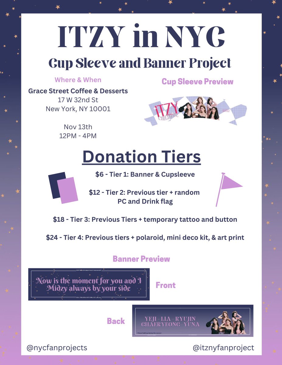 itznyfanproject's tweet photo. #ItzyInNYC Cupsleeve &amp; Concert banner project

🗓Nov 13th 12-4PM
📍Grace Street Coffee &amp; Desserts

Pre-Order Form: https://t.co/HvUDMQ6Qrn

✨Sealed @ITZYofficial album GIVEAWAY! retweet this post and follow @nycfanprojects &amp; @itznyfanproject  (USA only)✨ https://t.co/rpN9Kdy0Ui