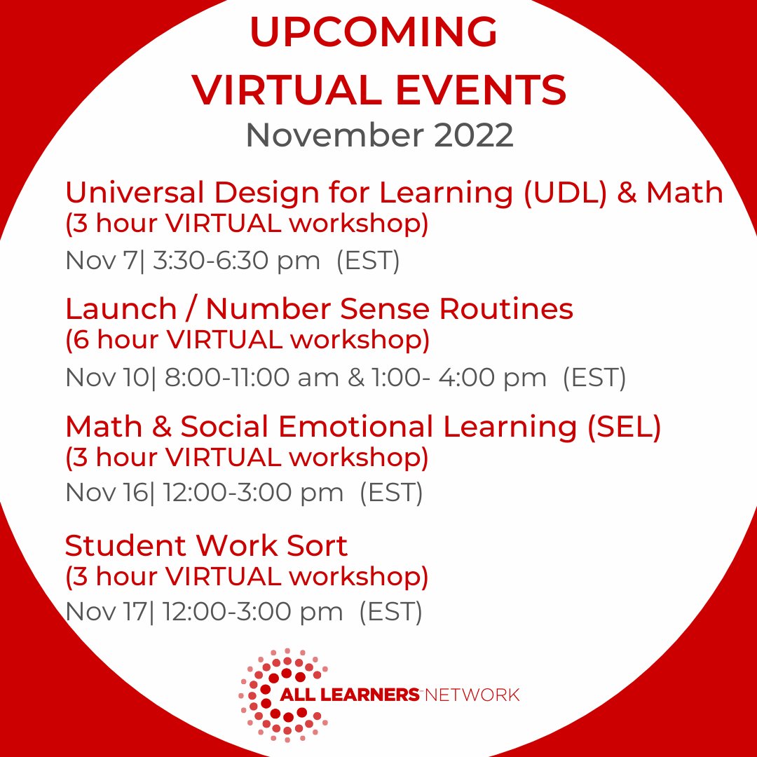 AllLearnersMath's tweet photo. Get a jump start on signing up for our #November workshops! 📅
⭐️Join us!
#Math #Math4All #MathPD #MathTeacher #ITeachMath #MathEducation #ALNLaunch #MathAndSEL #MathAndUDL #UDL #NumberSenseRoutines @teedjvt @MarlowMathVT @CarlyEp11 @moymathvt https://t.co/iQkMFGJ7NM