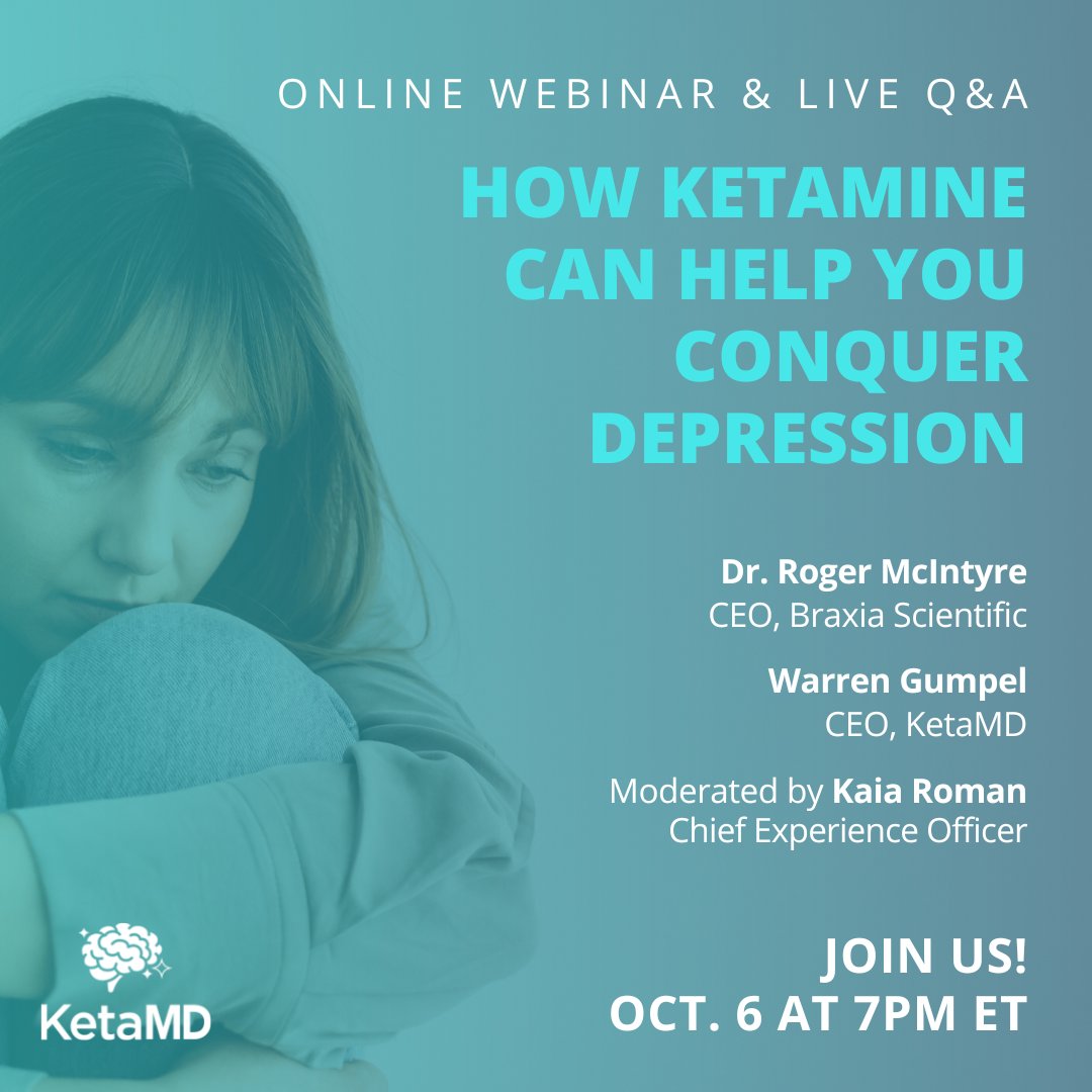 Join us this Thursday for a free webinar featuring the world's leading #depression researcher, <a href="/rogersmcintyre/">Roger S. McIntyre, MD, FRCPC</a>, for a conversation and live Q&amp;A about how #ketaminetreatment works, and why it's considered a major breakthrough in #mentalhealth.

zcu.io/EIE3
