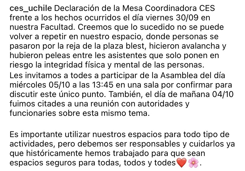 ces_uchile's tweet photo. Declaración pública sobre los hechos ocurridos el día viernes 30/09 en la Facultad de Medicina de la UChile @MedicinaUChile @uchile. Repudiamos cualquier tipo de violencia y no se permitirá dentro de nuestro espacio. https://t.co/K7crrQzD9J