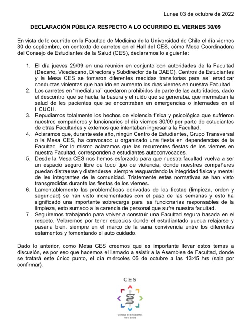 ces_uchile's tweet photo. Declaración pública sobre los hechos ocurridos el día viernes 30/09 en la Facultad de Medicina de la UChile @MedicinaUChile @uchile. Repudiamos cualquier tipo de violencia y no se permitirá dentro de nuestro espacio. https://t.co/K7crrQzD9J